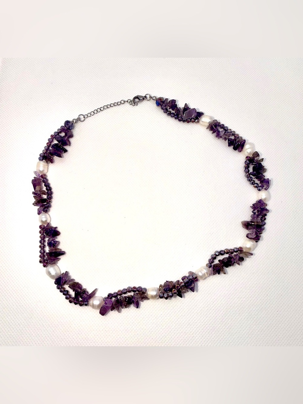 Amethyst Chip & Freshwater Pearl Necklace Purple Crystal Artisan boho